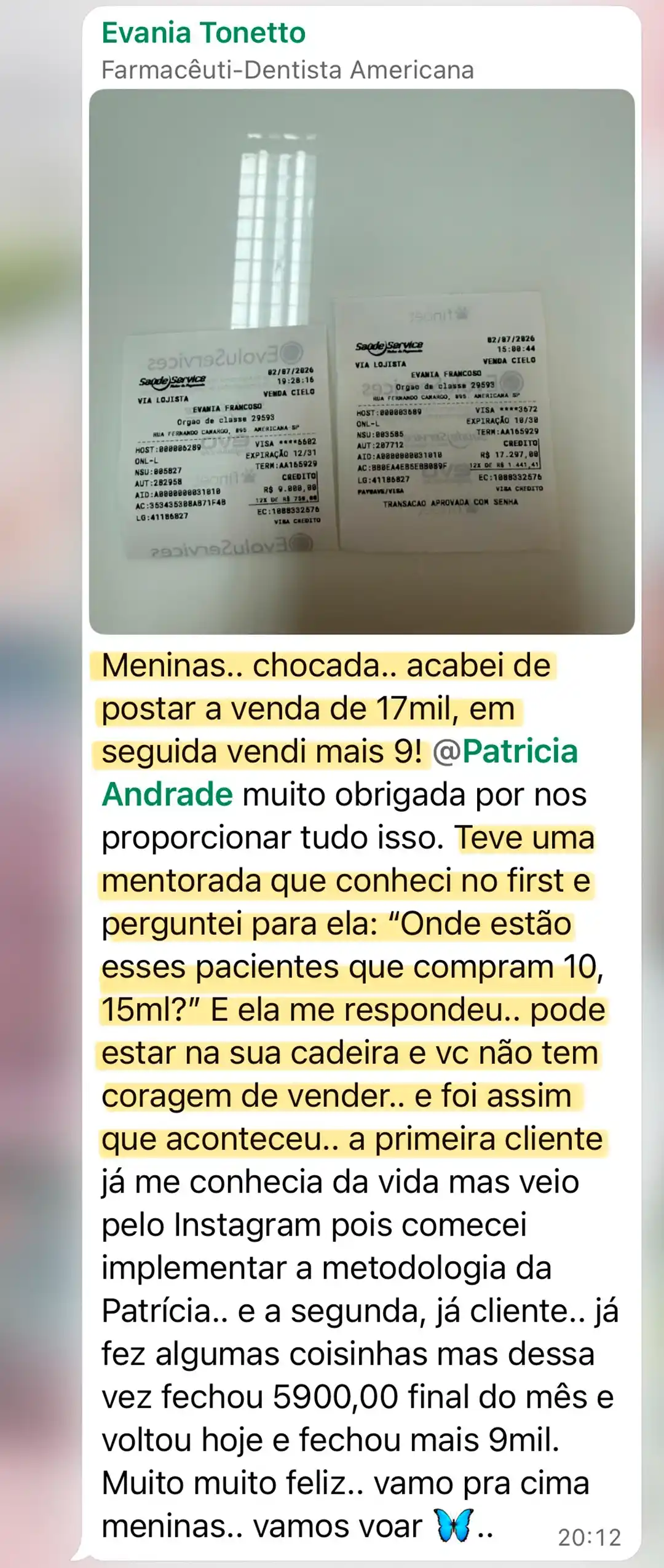 Depoimento de Evania Tonetto com comprovantes: vendeu 17 mil e em seguida mais 9 mil