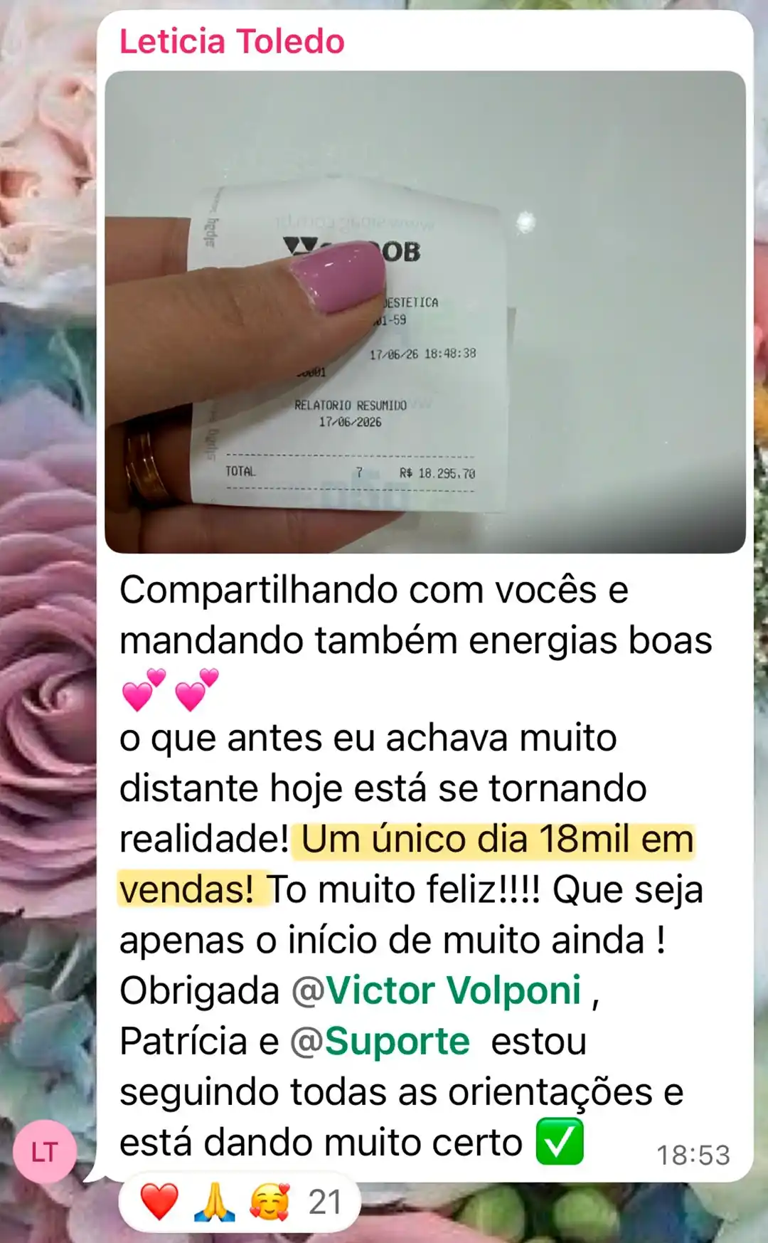Depoimento de Letícia Toledo com o relatório da maquininha: 18 mil em vendas em um único dia