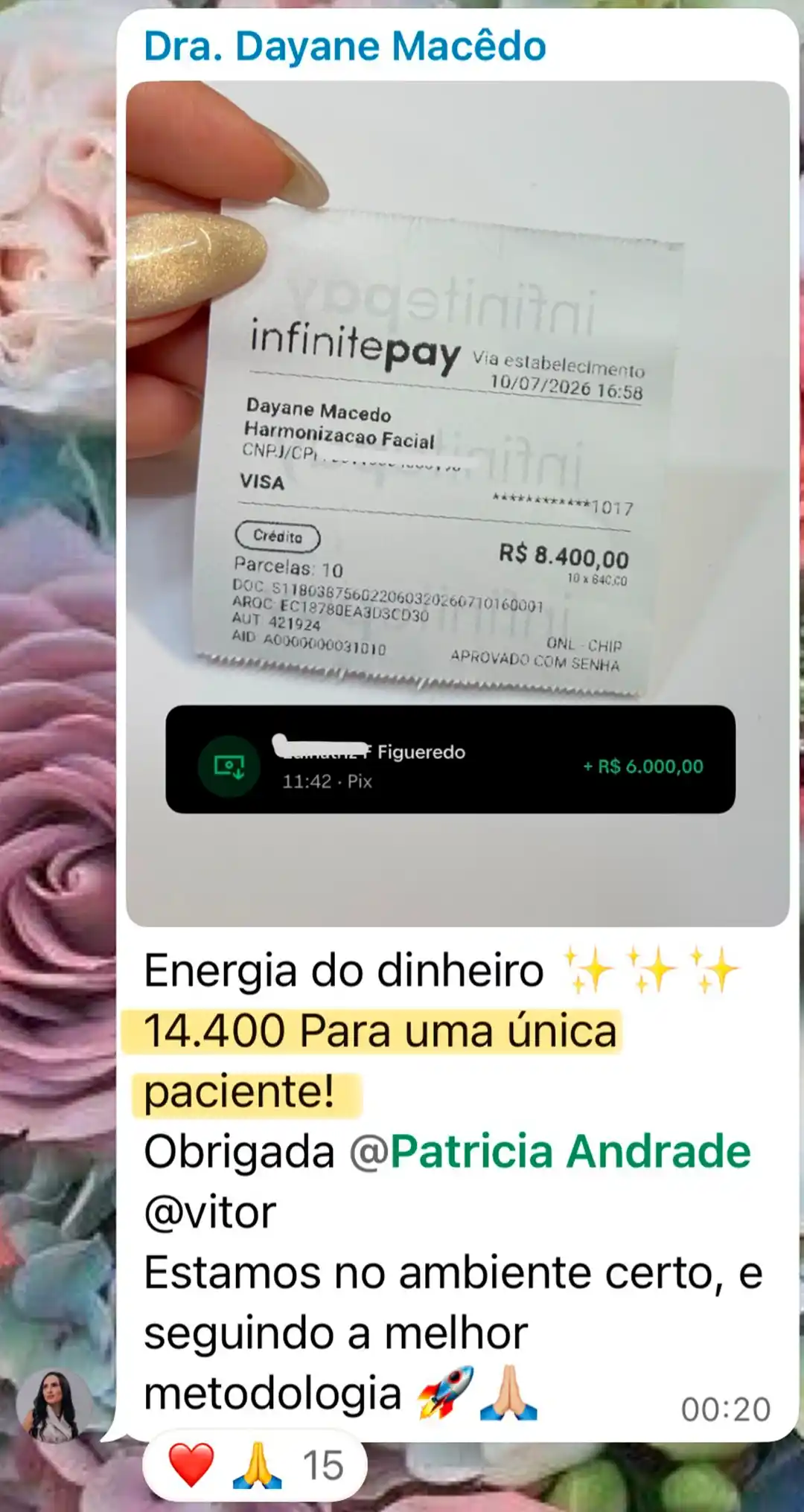 Depoimento da Dra. Dayane Macêdo com comprovante: 14.400 de uma única paciente