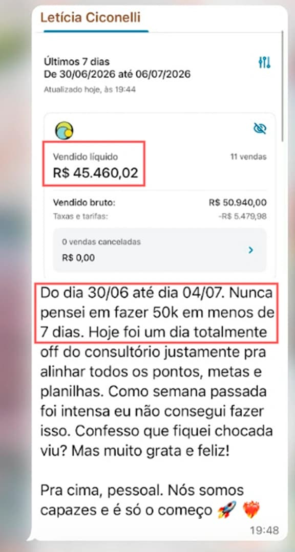 Print de faturamento de aluna da AJA
